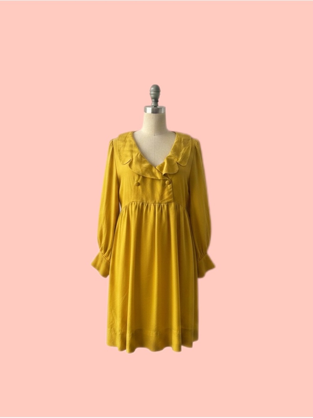 Vintage Twee Handmade 60’s Vibrant Yellow Silk Peter Pan Collared Mod Mini Dress